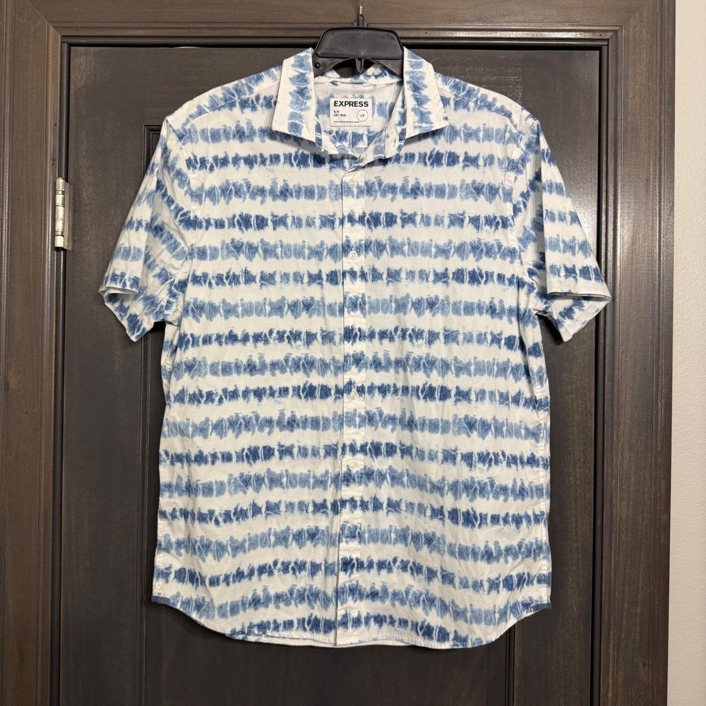 Express Slim Soft Wash‎ Mens Large Blue White Tie Dye Stripe Short Sleeve Shirt